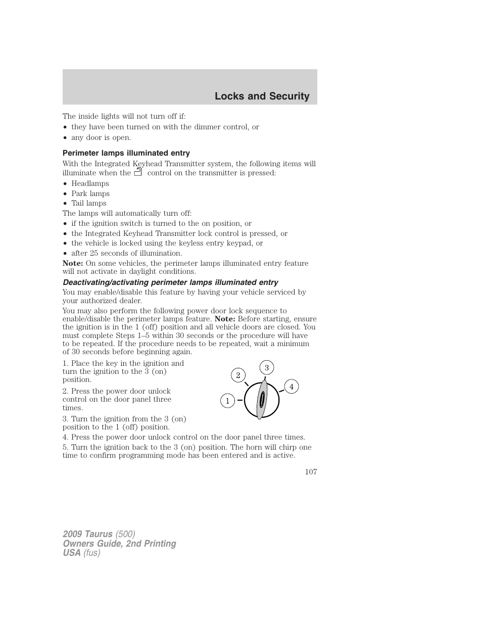 Perimeter lamps illuminated entry, Locks and security | FORD 2009 Taurus v.2 User Manual | Page 107 / 308