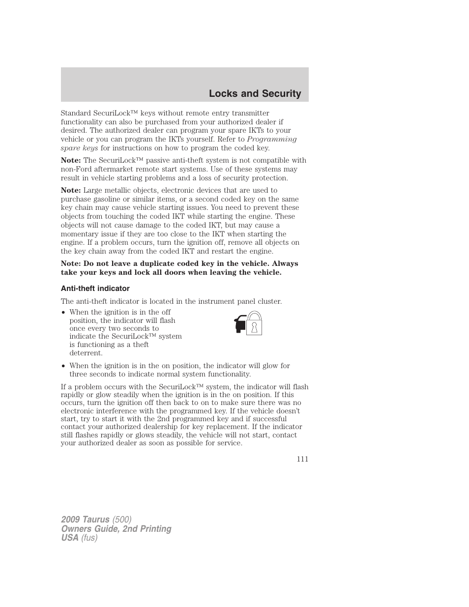 Anti-theft indicator, Locks and security | FORD 2009 Taurus v.2 User Manual | Page 111 / 308