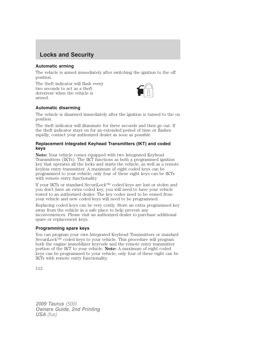 Automatic arming, Automatic disarming, Programming spare keys | Locks and security | FORD 2009 Taurus v.2 User Manual | Page 112 / 308