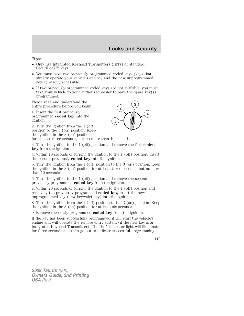 Locks and security | FORD 2009 Taurus v.2 User Manual | Page 113 / 308