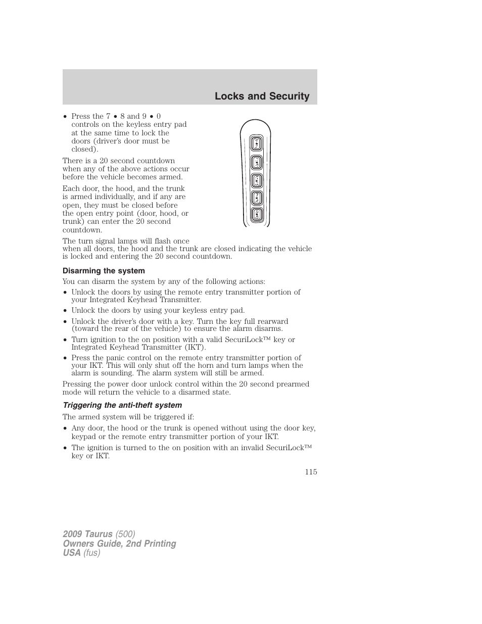 Disarming the system, Triggering the anti-theft system, Locks and security | FORD 2009 Taurus v.2 User Manual | Page 115 / 308