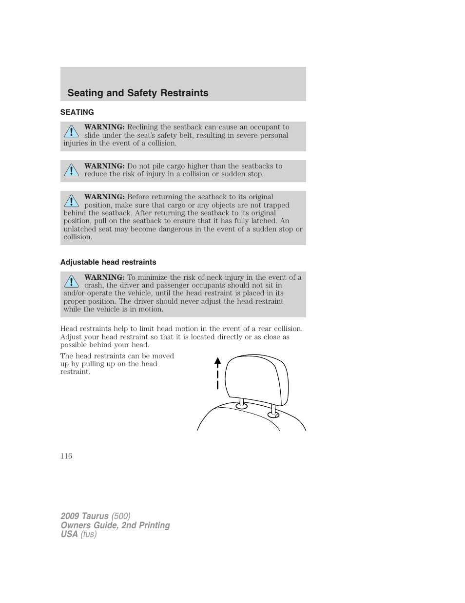 Seating and safety restraints, Seating, Adjustable head restraints | FORD 2009 Taurus v.2 User Manual | Page 116 / 308