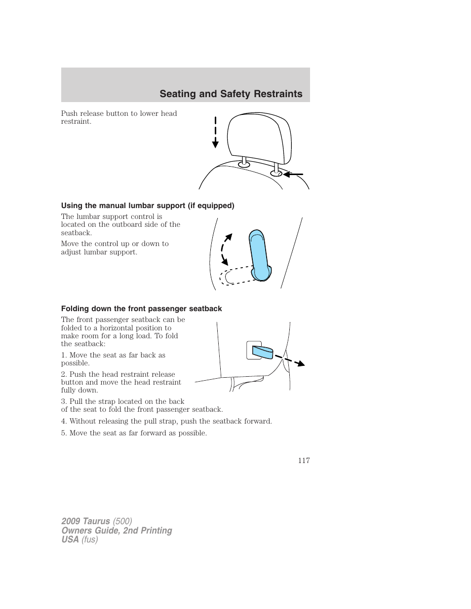 Using the manual lumbar support (if equipped), Folding down the front passenger seatback, Seating and safety restraints | FORD 2009 Taurus v.2 User Manual | Page 117 / 308