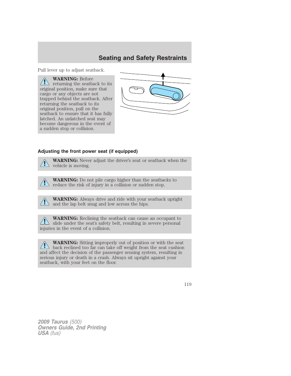 Adjusting the front power seat (if equipped), Seating and safety restraints | FORD 2009 Taurus v.2 User Manual | Page 119 / 308