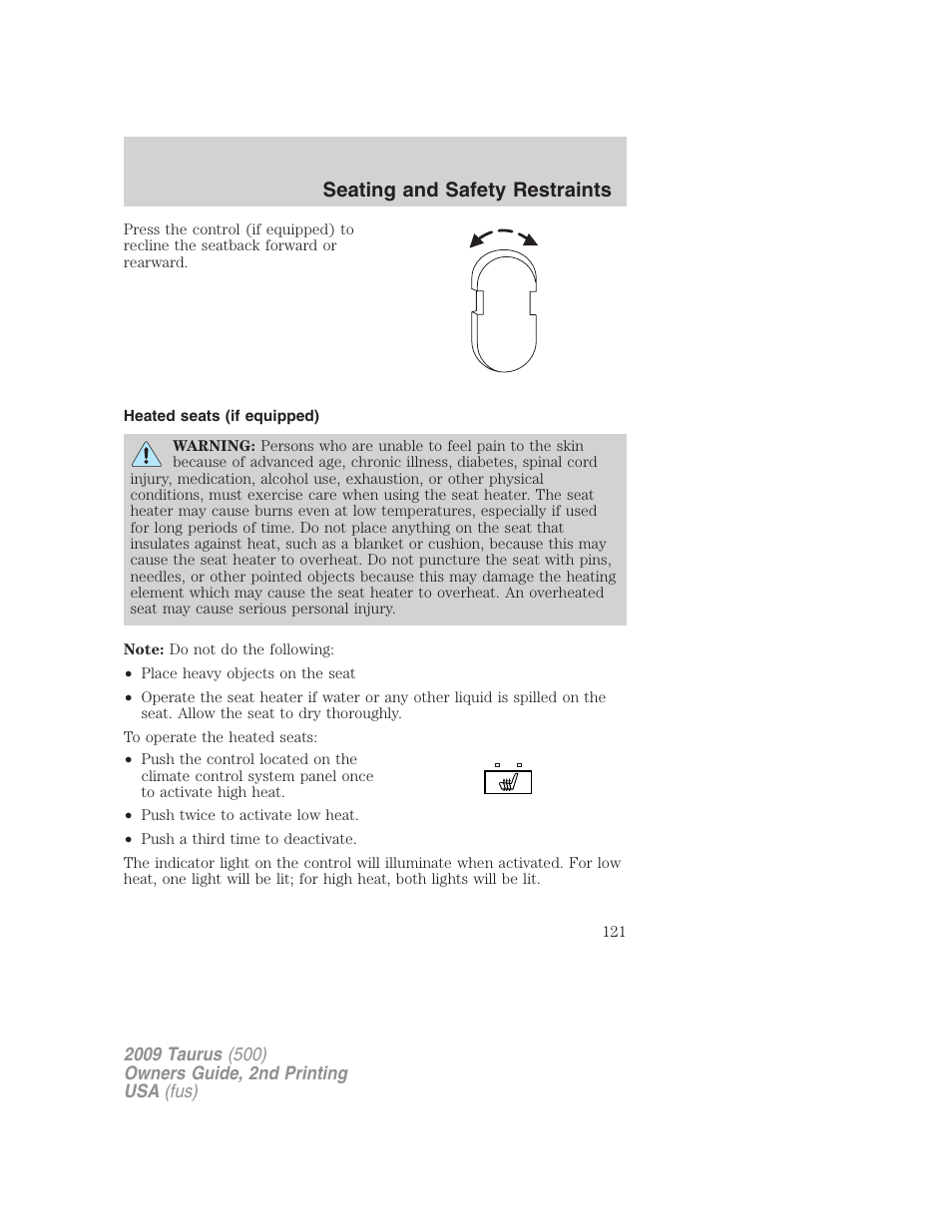 Heated seats (if equipped), Seating and safety restraints | FORD 2009 Taurus v.2 User Manual | Page 121 / 308