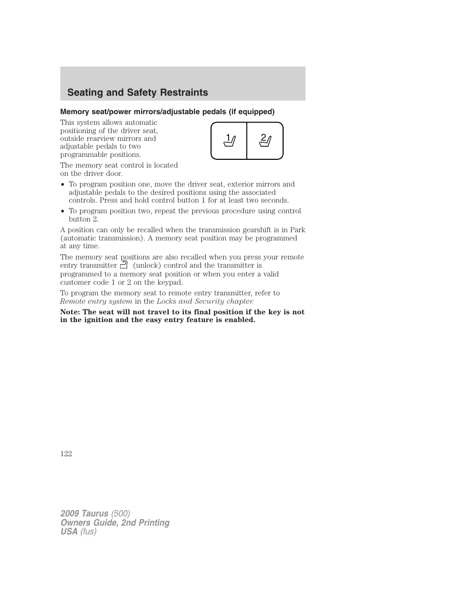 Seating and safety restraints | FORD 2009 Taurus v.2 User Manual | Page 122 / 308