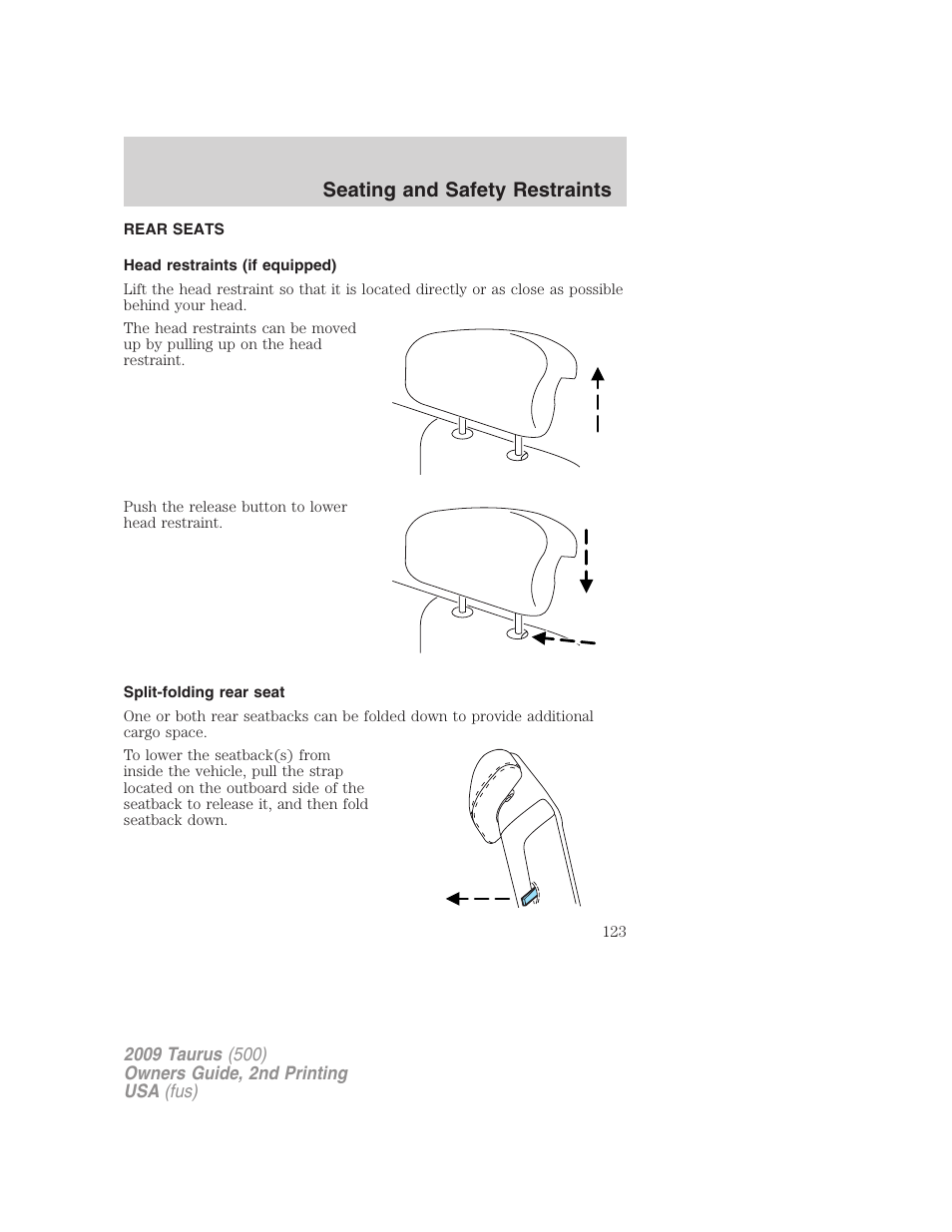 Rear seats, Head restraints (if equipped), Split-folding rear seat | Seating and safety restraints | FORD 2009 Taurus v.2 User Manual | Page 123 / 308