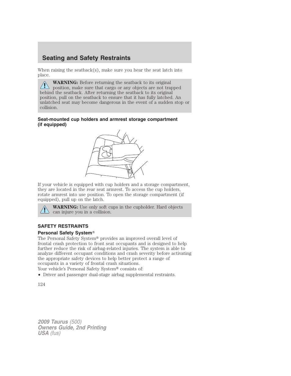 Safety restraints, Personal safety system, Seating and safety restraints | FORD 2009 Taurus v.2 User Manual | Page 124 / 308