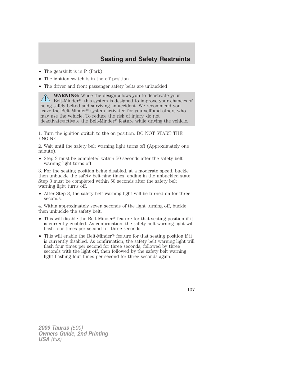Seating and safety restraints | FORD 2009 Taurus v.2 User Manual | Page 137 / 308