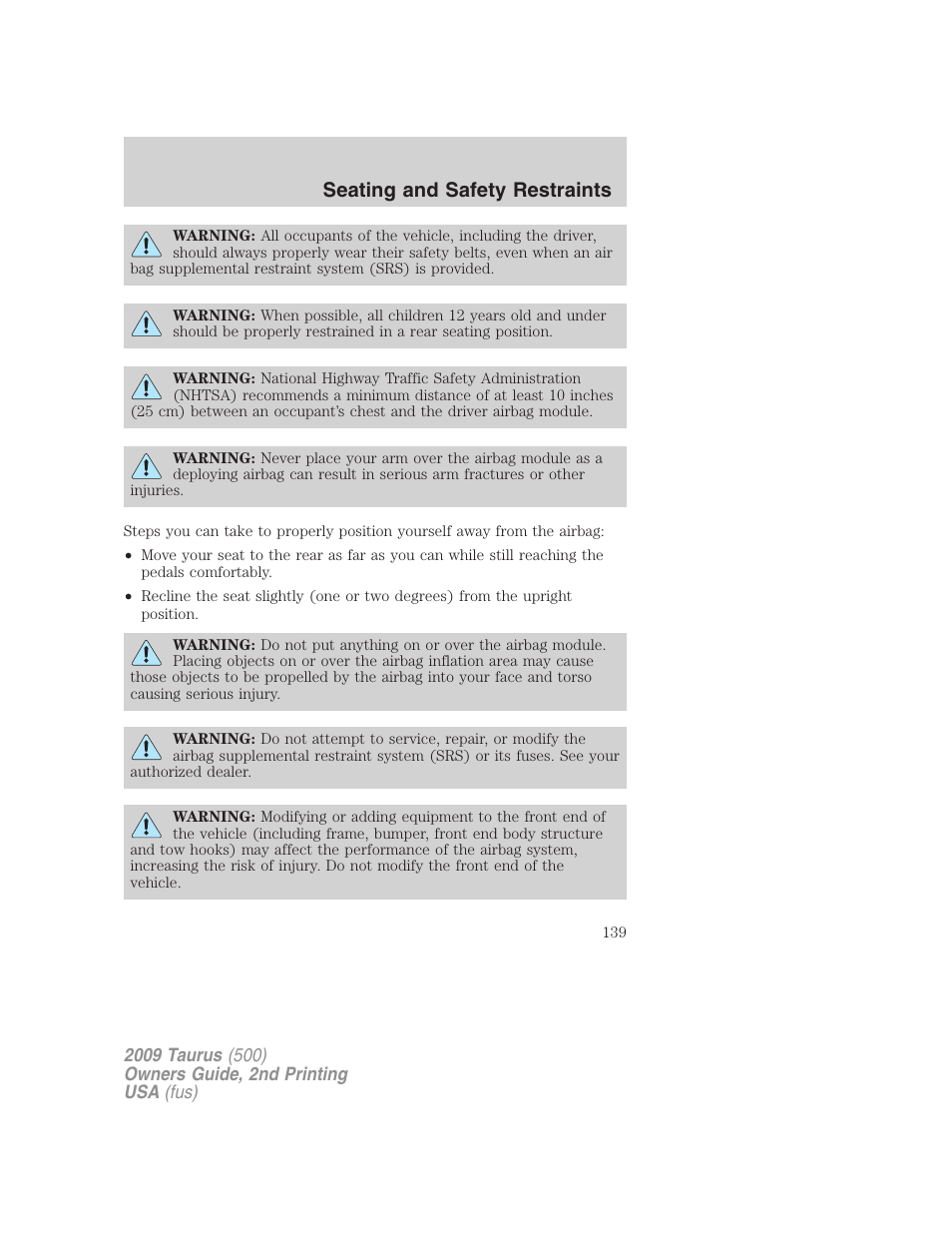 Seating and safety restraints | FORD 2009 Taurus v.2 User Manual | Page 139 / 308