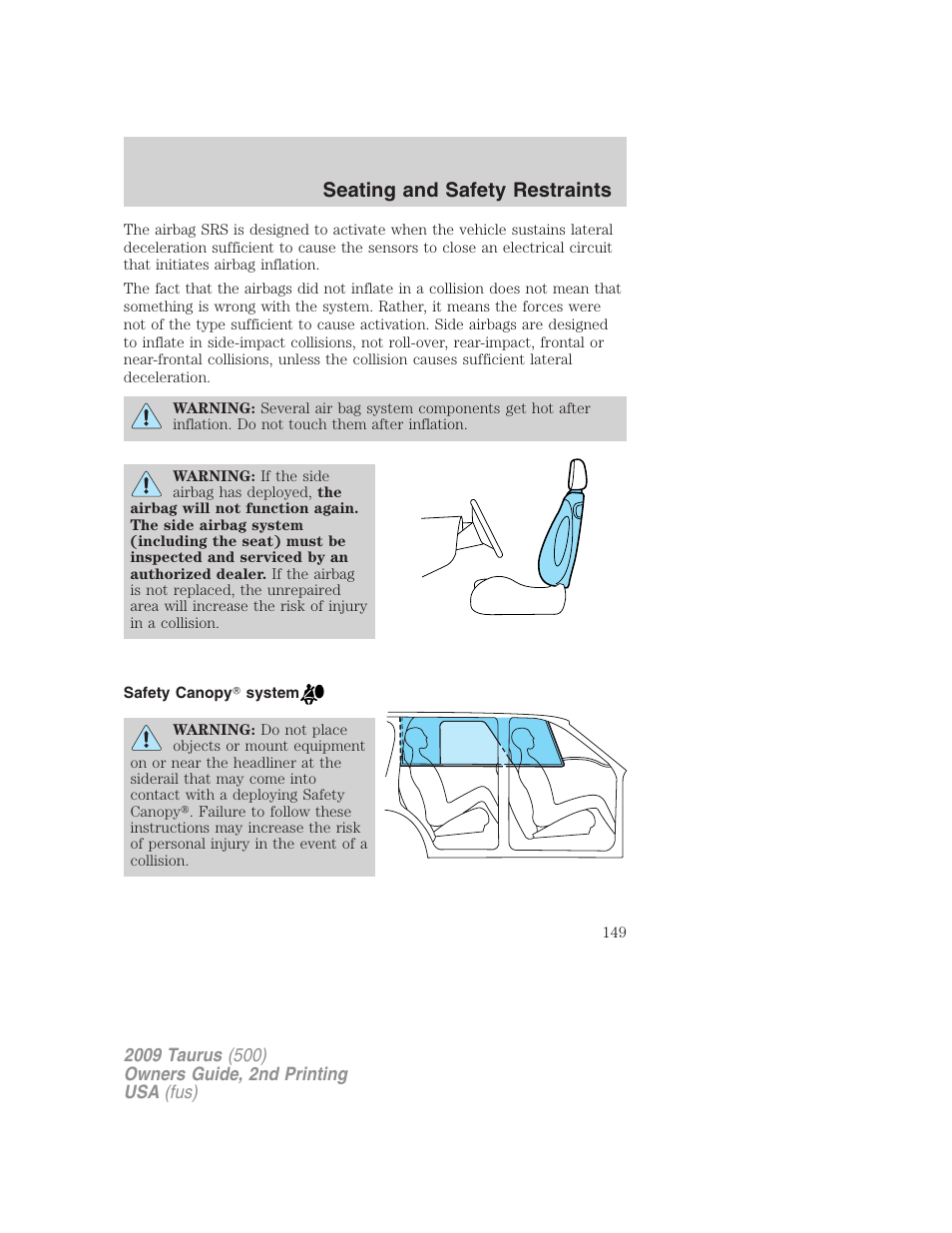 Safety canopy system, Seating and safety restraints | FORD 2009 Taurus v.2 User Manual | Page 149 / 308