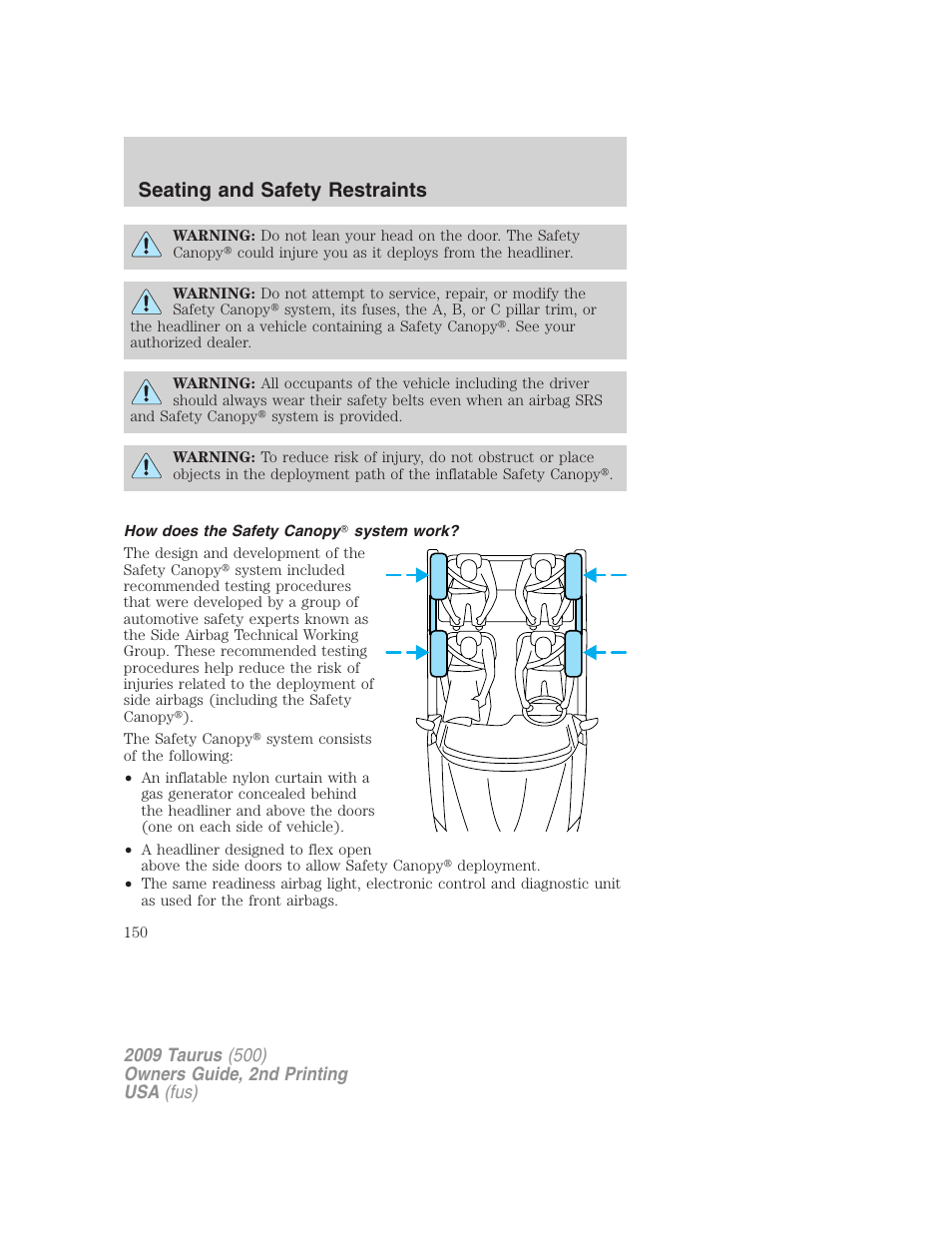 How does the safety canopy system work, Seating and safety restraints | FORD 2009 Taurus v.2 User Manual | Page 150 / 308