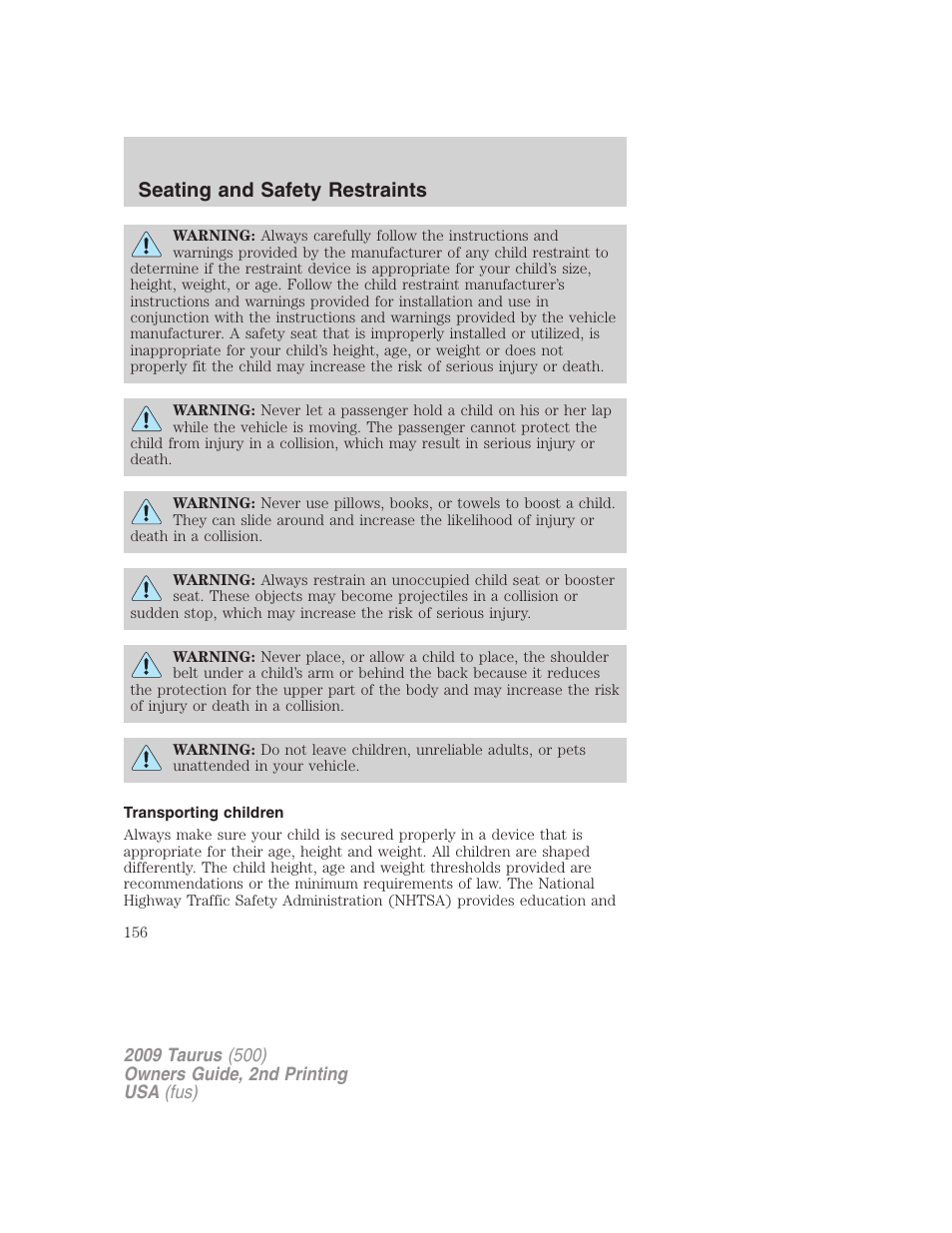 Transporting children, Seating and safety restraints | FORD 2009 Taurus v.2 User Manual | Page 156 / 308