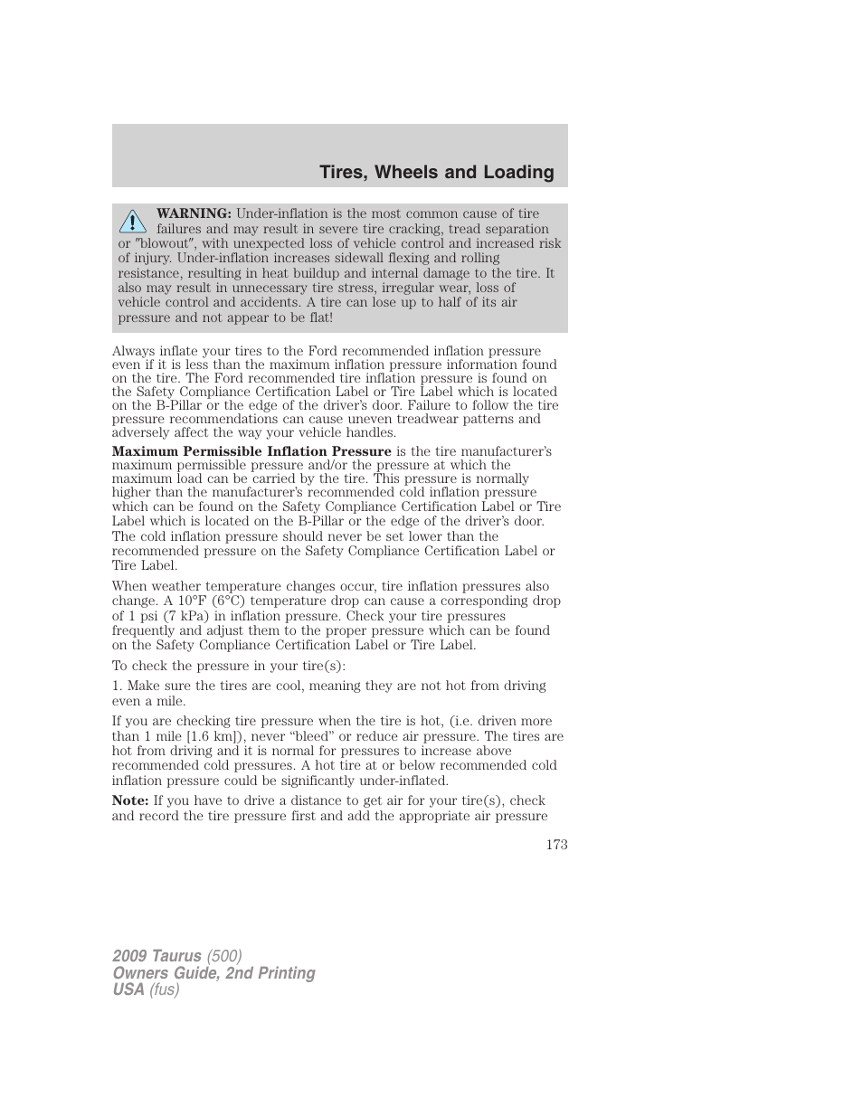 Tires, wheels and loading | FORD 2009 Taurus v.2 User Manual | Page 173 / 308