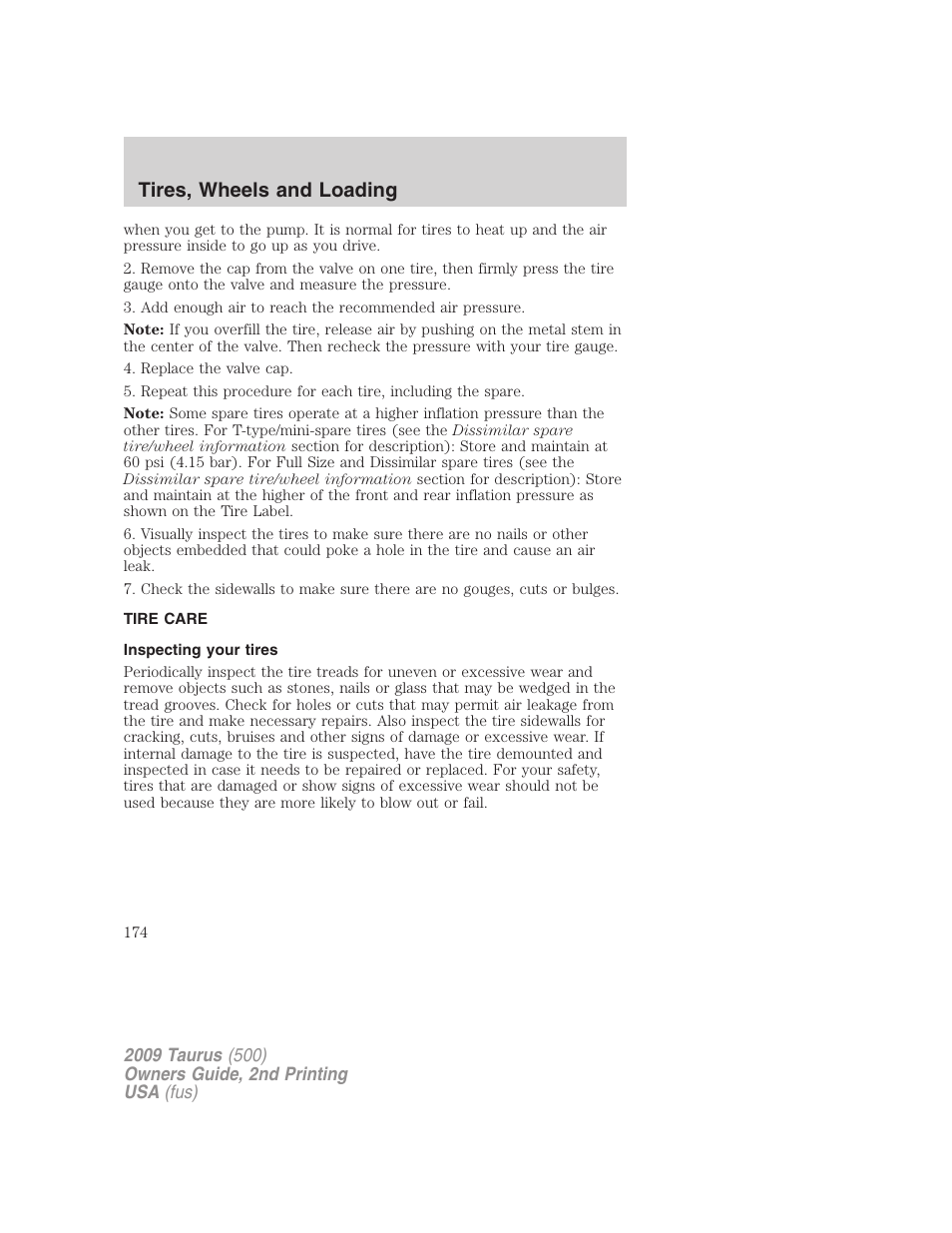 Tire care, Inspecting your tires, Tires, wheels and loading | FORD 2009 Taurus v.2 User Manual | Page 174 / 308