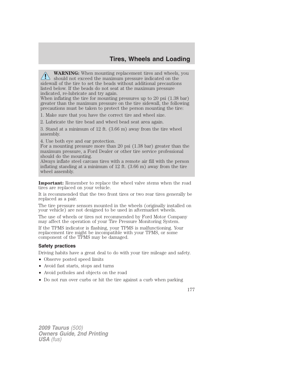 Safety practices, Tires, wheels and loading | FORD 2009 Taurus v.2 User Manual | Page 177 / 308