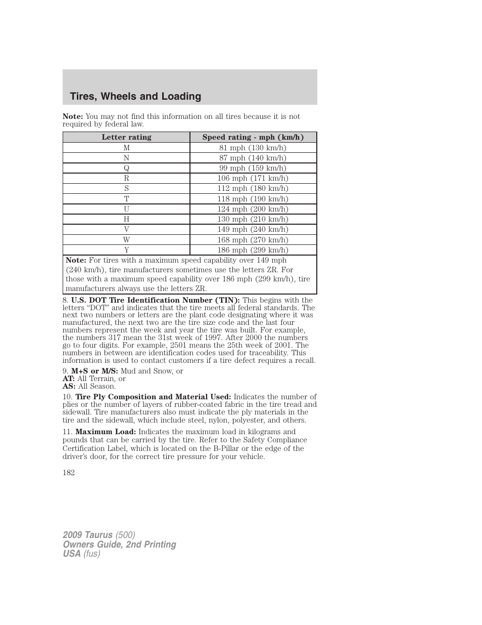 Tires, wheels and loading | FORD 2009 Taurus v.2 User Manual | Page 182 / 308
