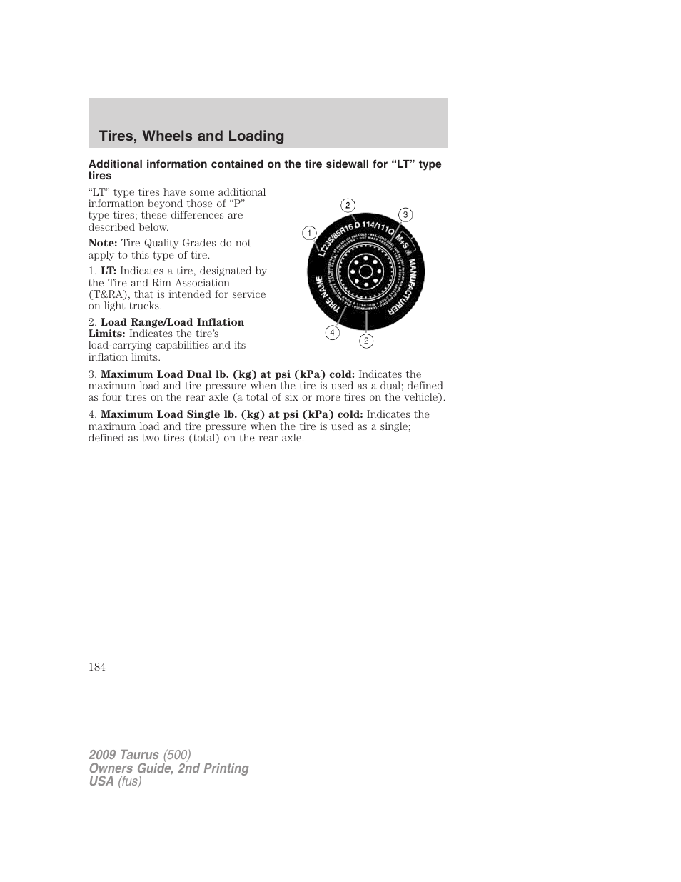 Tires, wheels and loading | FORD 2009 Taurus v.2 User Manual | Page 184 / 308