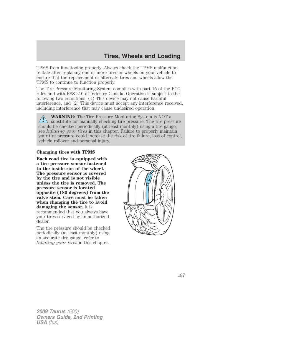 Tires, wheels and loading | FORD 2009 Taurus v.2 User Manual | Page 187 / 308