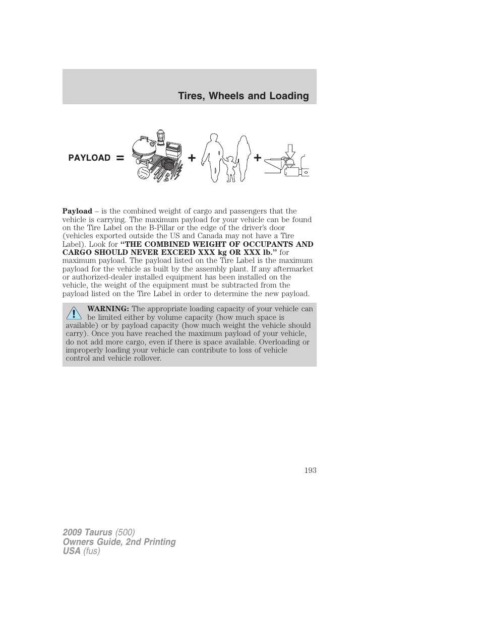 Tires, wheels and loading | FORD 2009 Taurus v.2 User Manual | Page 193 / 308