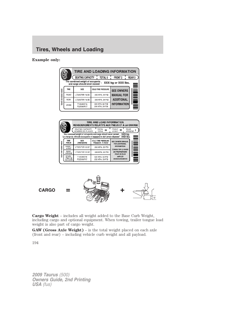 Tires, wheels and loading | FORD 2009 Taurus v.2 User Manual | Page 194 / 308