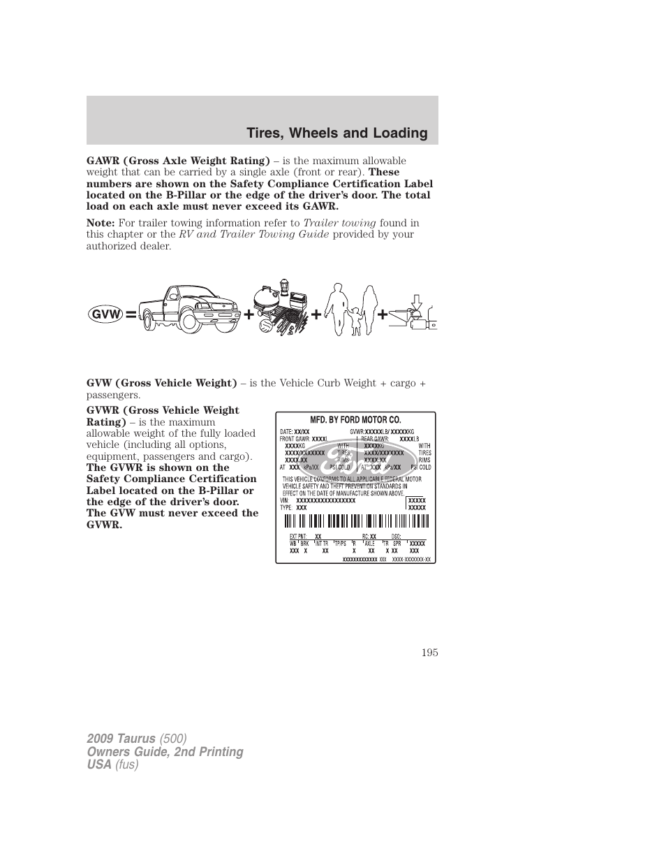 Tires, wheels and loading | FORD 2009 Taurus v.2 User Manual | Page 195 / 308