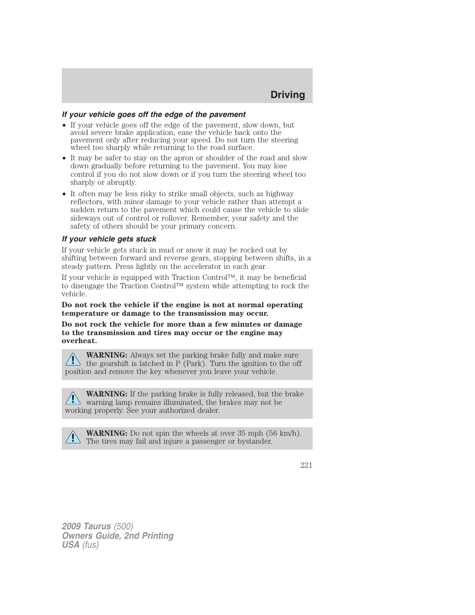 If your vehicle goes off the edge of the pavement, If your vehicle gets stuck, Driving | FORD 2009 Taurus v.2 User Manual | Page 221 / 308