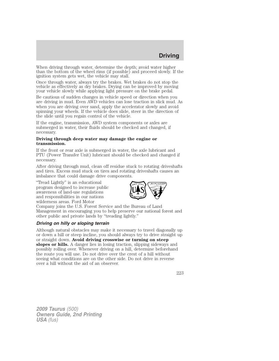 Driving on hilly or sloping terrain, Driving | FORD 2009 Taurus v.2 User Manual | Page 223 / 308