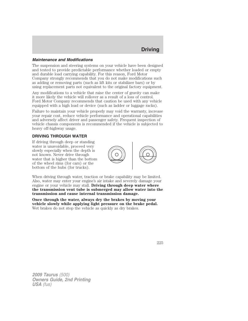 Maintenance and modifications, Driving through water, Driving | FORD 2009 Taurus v.2 User Manual | Page 225 / 308