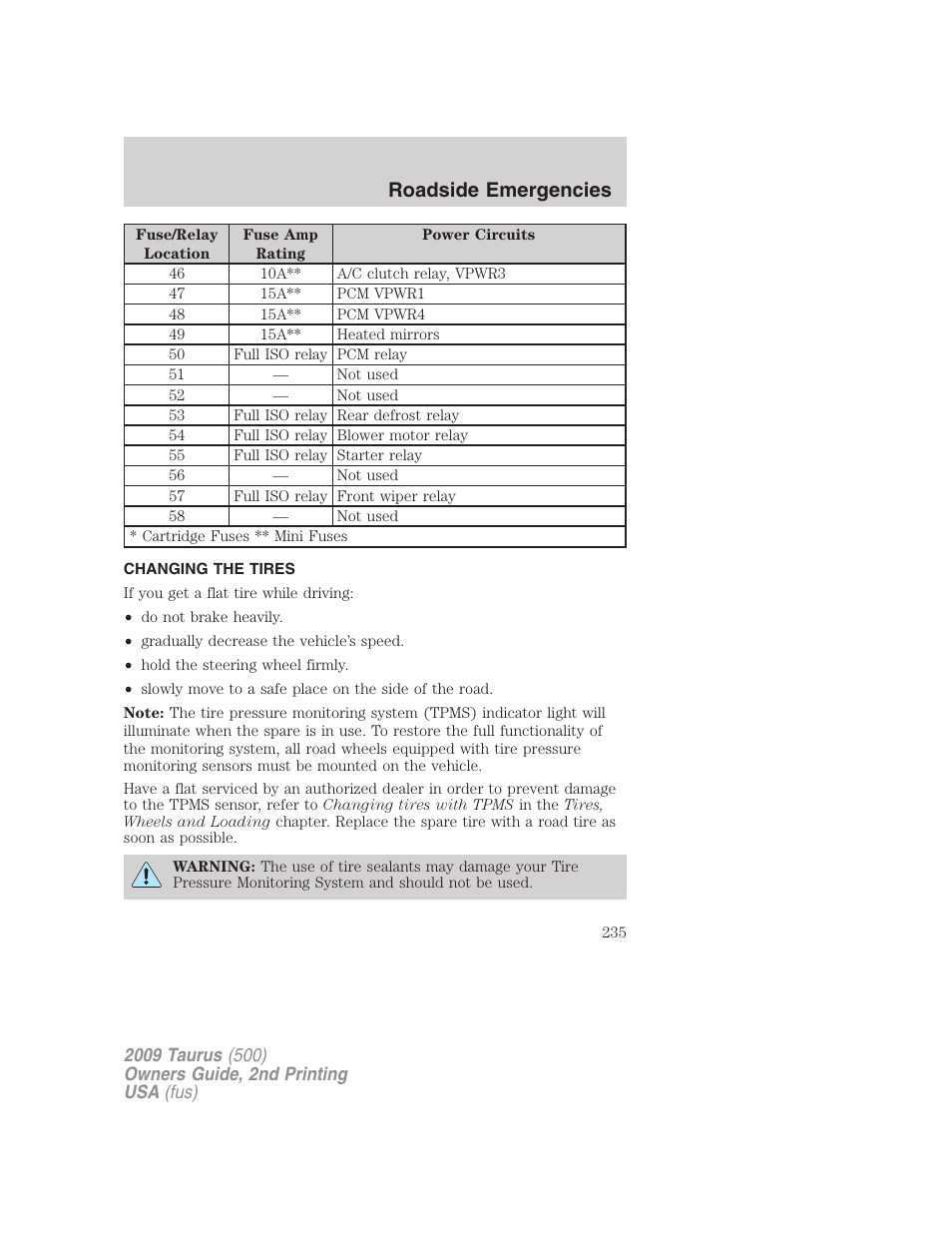 Changing the tires, Changing tires, Roadside emergencies | FORD 2009 Taurus v.2 User Manual | Page 235 / 308