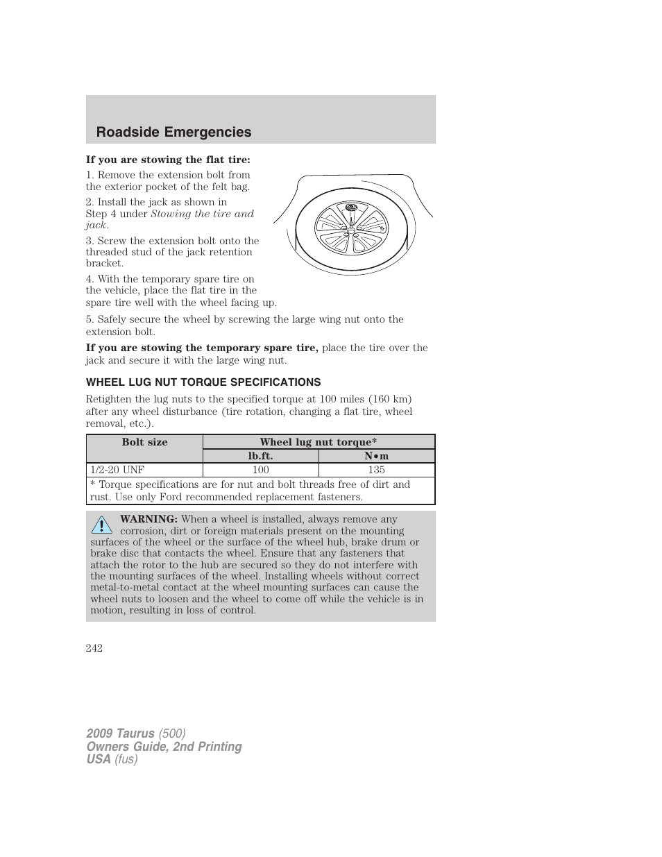 Wheel lug nut torque specifications, Wheel lug nut torque, Roadside emergencies | FORD 2009 Taurus v.2 User Manual | Page 242 / 308