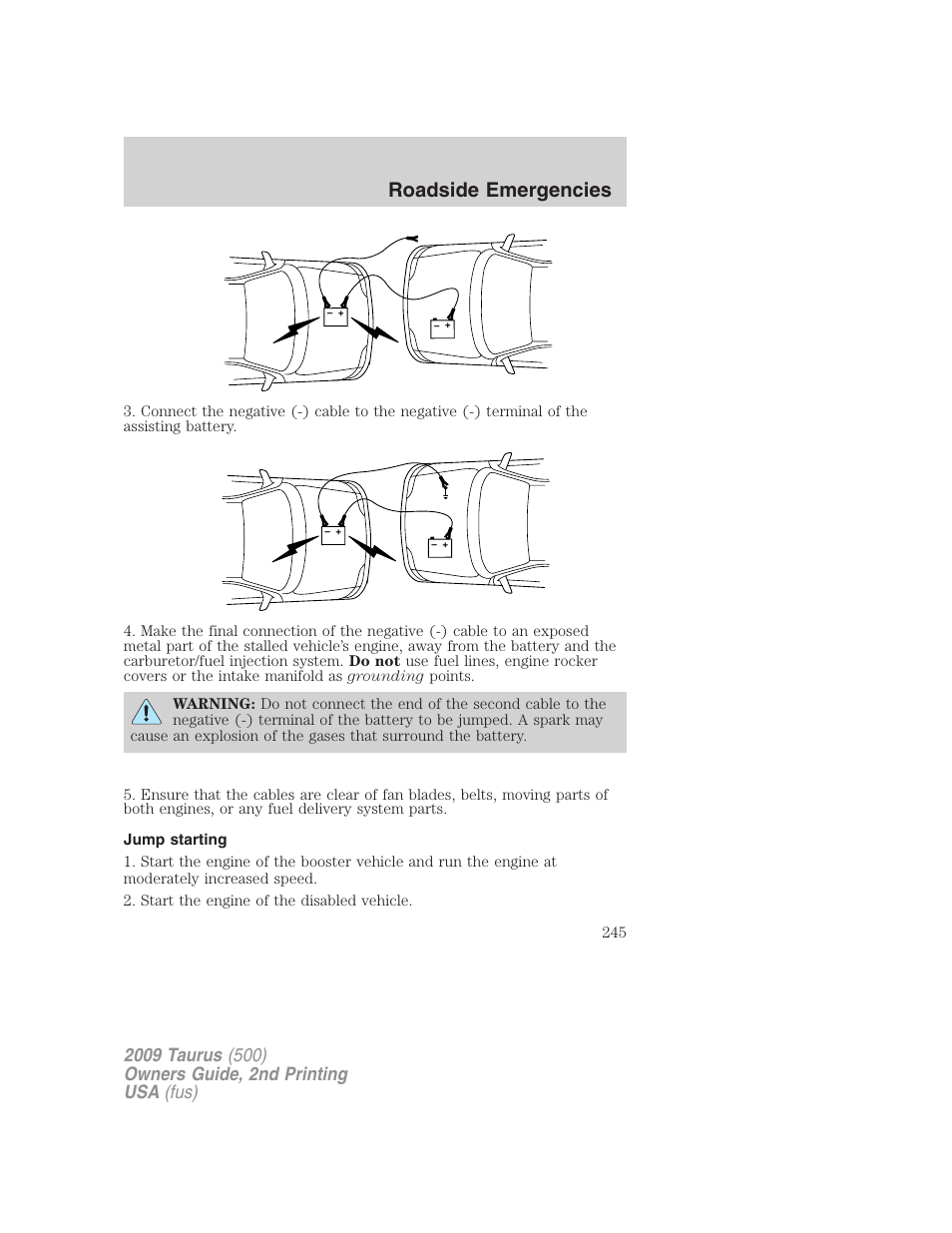 Jump starting, Roadside emergencies | FORD 2009 Taurus v.2 User Manual | Page 245 / 308