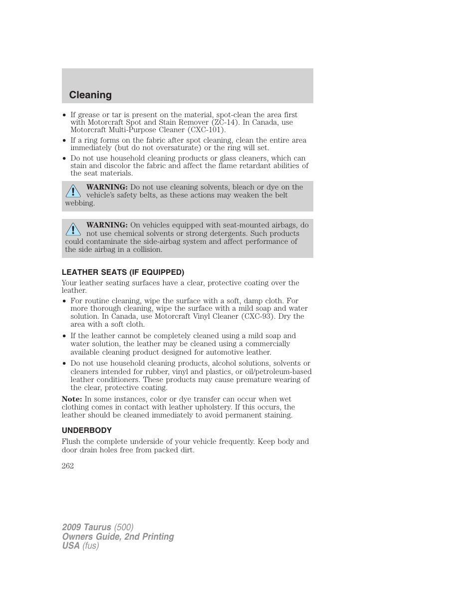 Leather seats (if equipped), Underbody, Cleaning | FORD 2009 Taurus v.2 User Manual | Page 262 / 308