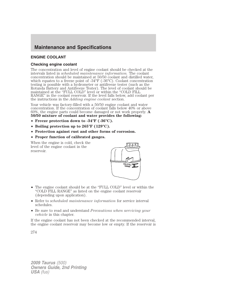 Engine coolant, Checking engine coolant, Maintenance and specifications | FORD 2009 Taurus v.2 User Manual | Page 274 / 308