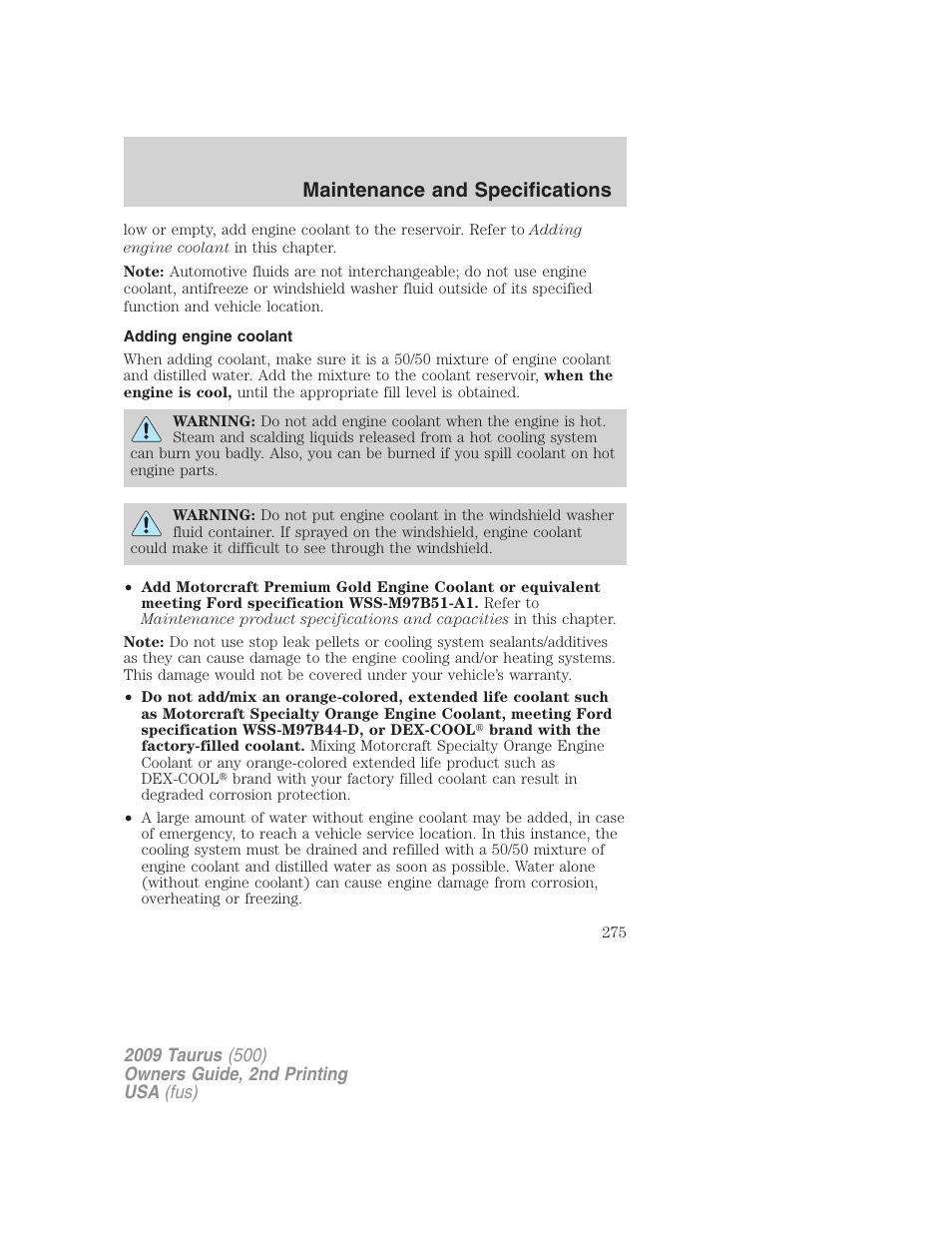 Adding engine coolant, Maintenance and specifications | FORD 2009 Taurus v.2 User Manual | Page 275 / 308