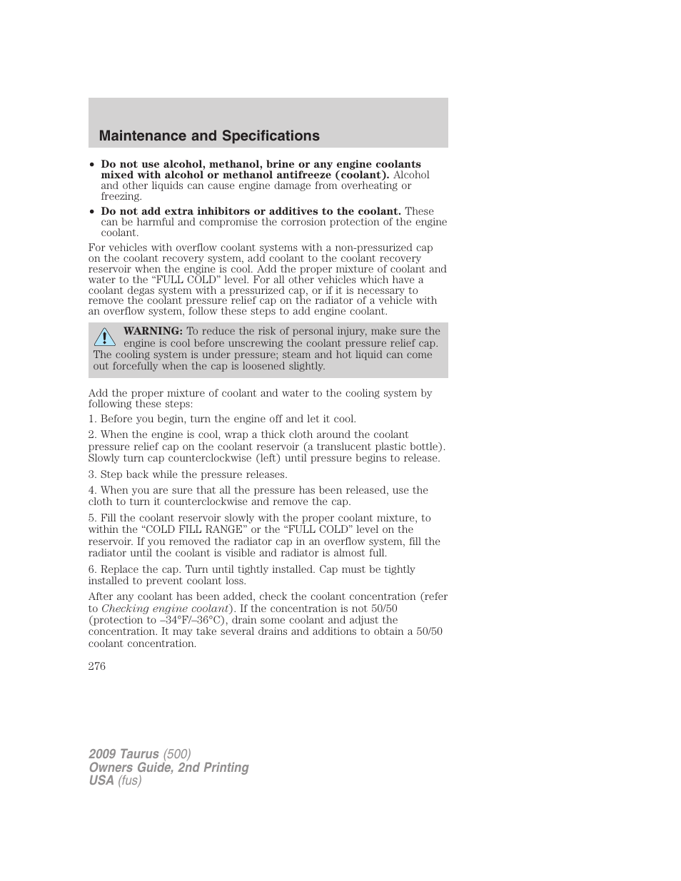 Maintenance and specifications | FORD 2009 Taurus v.2 User Manual | Page 276 / 308