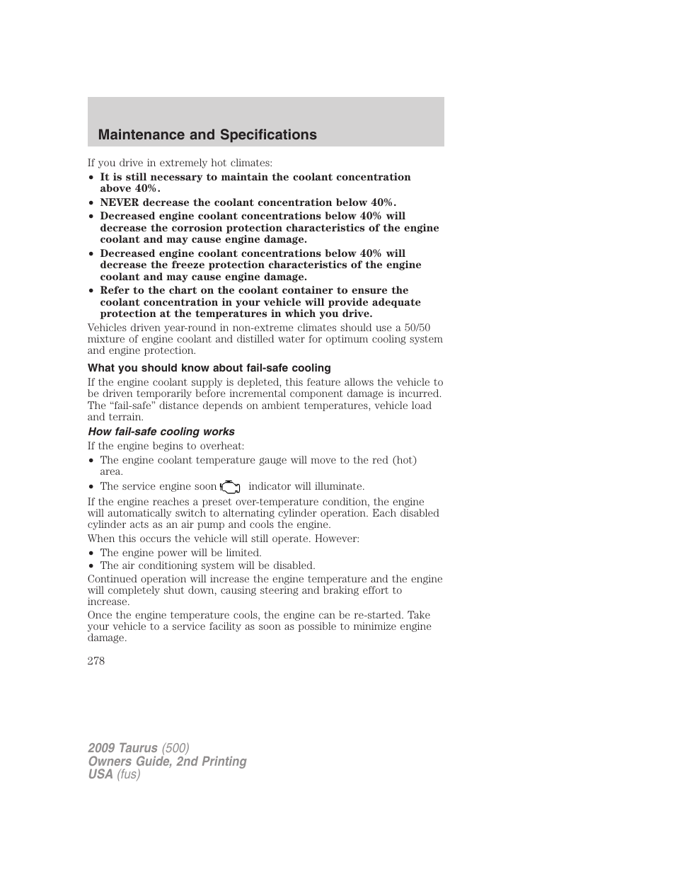 What you should know about fail-safe cooling, How fail-safe cooling works, Maintenance and specifications | FORD 2009 Taurus v.2 User Manual | Page 278 / 308