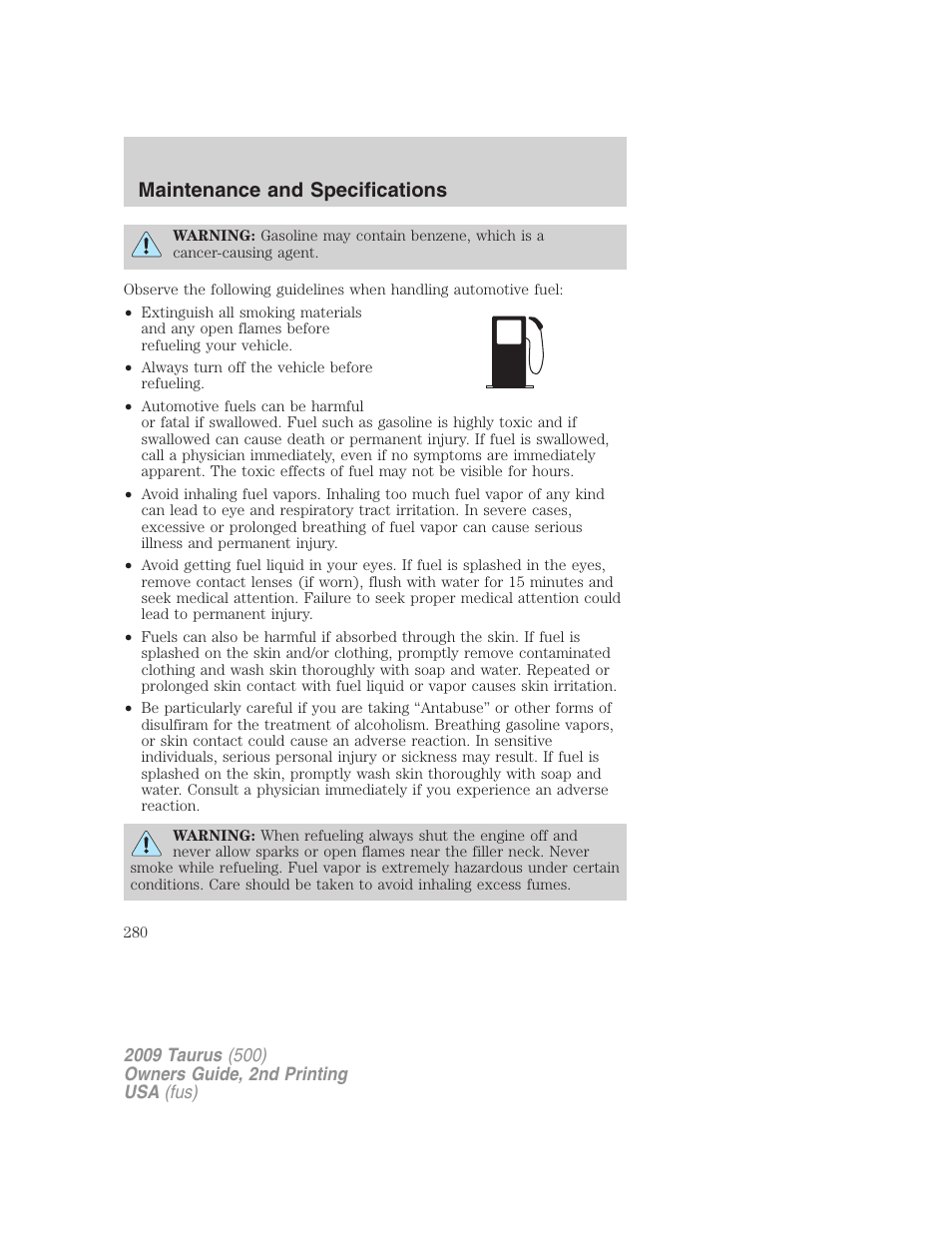 Maintenance and specifications | FORD 2009 Taurus v.2 User Manual | Page 280 / 308