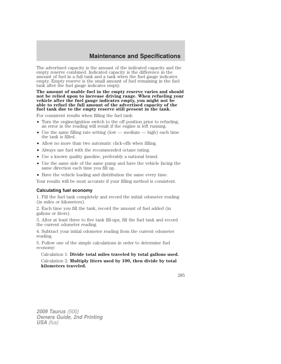 Calculating fuel economy, Maintenance and specifications | FORD 2009 Taurus v.2 User Manual | Page 285 / 308