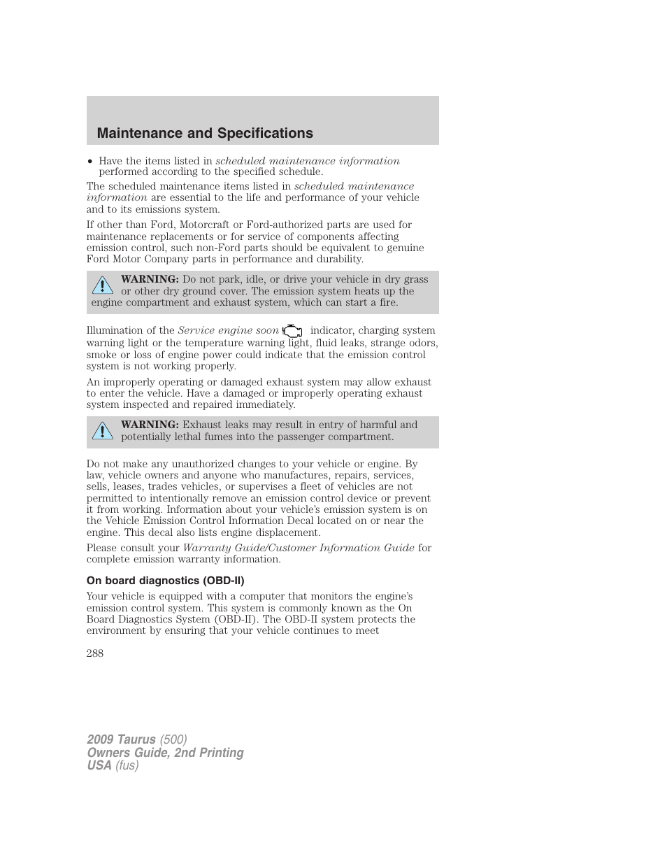 On board diagnostics (obd-ii), Maintenance and specifications | FORD 2009 Taurus v.2 User Manual | Page 288 / 308