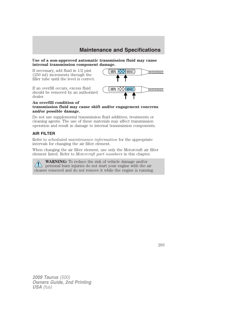 Air filter, Air filter(s), Maintenance and specifications | FORD 2009 Taurus v.2 User Manual | Page 293 / 308