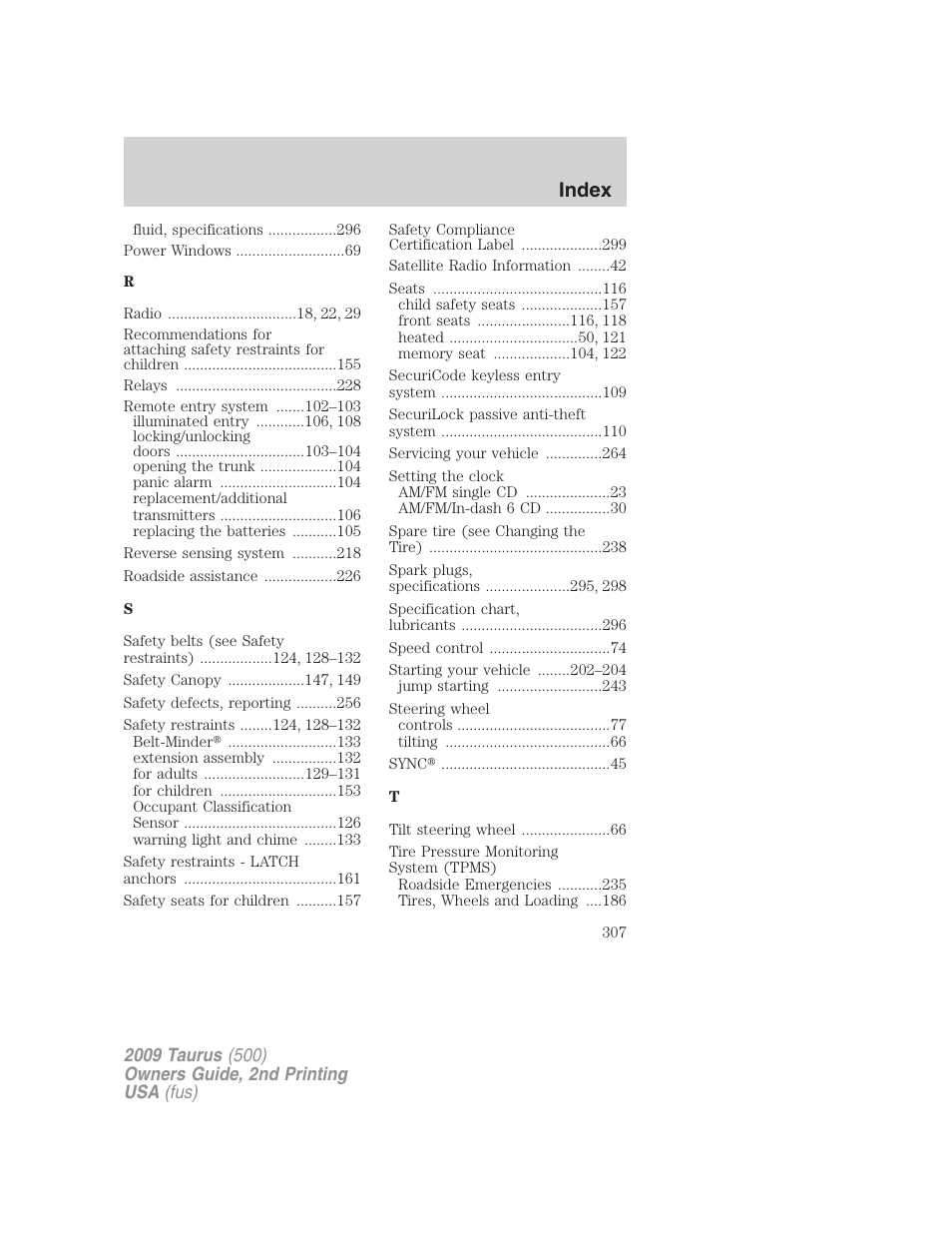 Index | FORD 2009 Taurus v.2 User Manual | Page 307 / 308