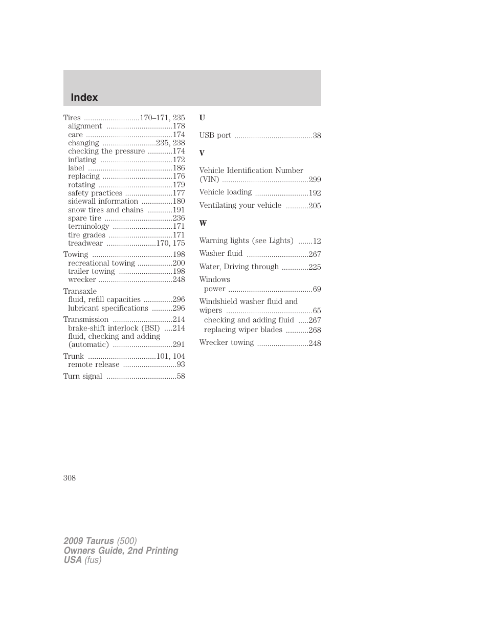 Index | FORD 2009 Taurus v.2 User Manual | Page 308 / 308