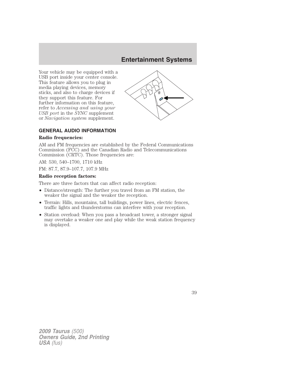 General audio information, Entertainment systems | FORD 2009 Taurus v.2 User Manual | Page 39 / 308