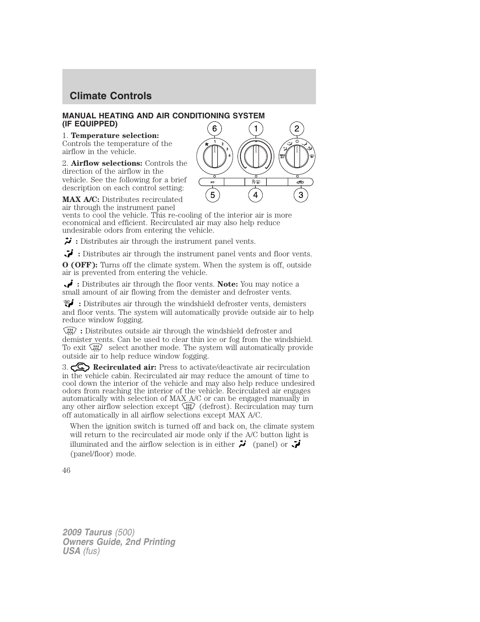 Climate controls, Manual heating and air conditioning | FORD 2009 Taurus v.2 User Manual | Page 46 / 308