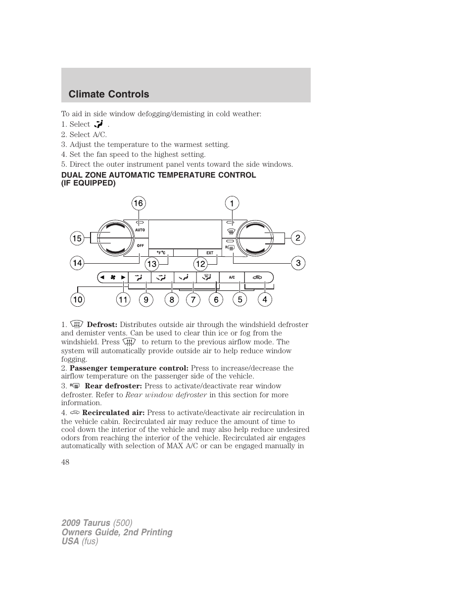 Automatic temperature control, Climate controls | FORD 2009 Taurus v.2 User Manual | Page 48 / 308