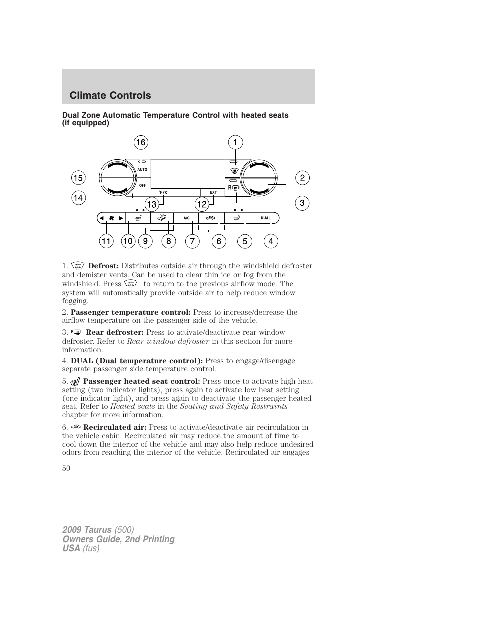 Climate controls | FORD 2009 Taurus v.2 User Manual | Page 50 / 308