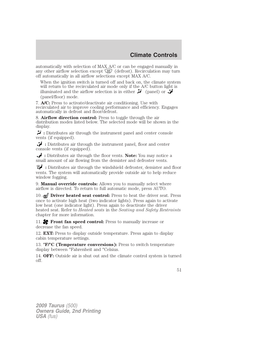 Climate controls | FORD 2009 Taurus v.2 User Manual | Page 51 / 308