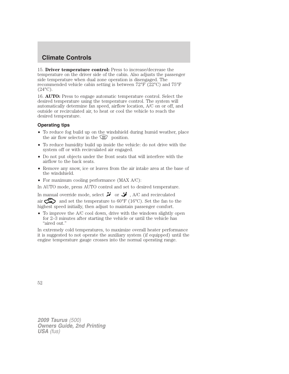 Operating tips, Climate controls | FORD 2009 Taurus v.2 User Manual | Page 52 / 308