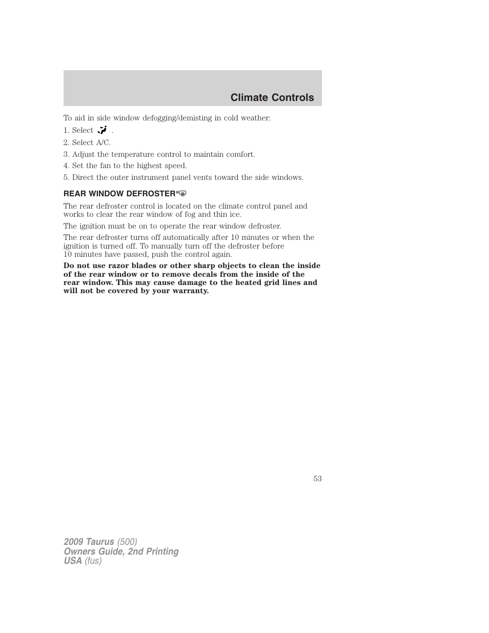 Rear window defroster, Climate controls | FORD 2009 Taurus v.2 User Manual | Page 53 / 308